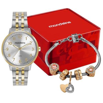 Relógio de Pulso Feminino Kit Numeração Completa Analógico Aço Inox Prata Mondaine