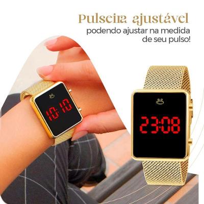 Relogio Feminino Digital Orizom Maria com Colar Brincos Caixa Premium Pulseira Silicone Dourado