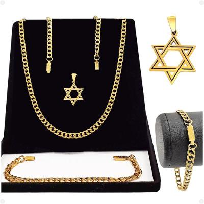 Corrente com Pingente e Pulseira Orizom Aço Inoxidável Kit Acessórios Estrela de Davi Moda Masculina