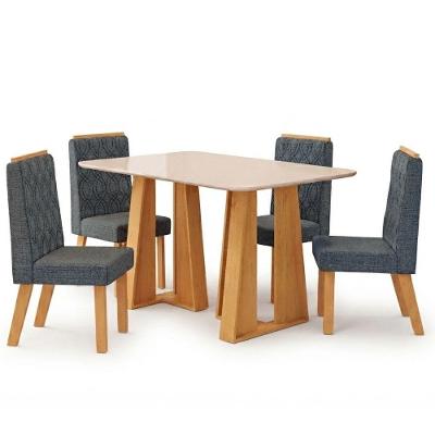 Conjunto de Jantar Mesa Karen 4 Lugares Tampo MDF Vidro Pintado Cedro Off White Cadeiras Sara Linho