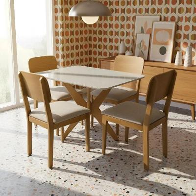 Mesa de Jantar Pandora 4 Lugares Retangular Tampo MDF com Vidro Off White Amadeirado Decoraper