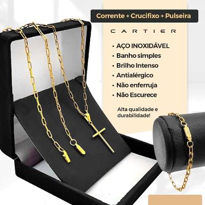 Kit de Acessórios Masculinos Orizom Corrente Aço Inox Banhado a Ouro 18K Pingente Crucifixo Pulseira