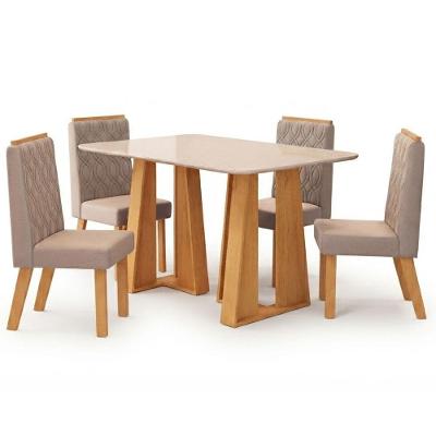 Conjunto de Jantar Mesa Karen 4 Lugares Tampo em MDF Cedro Off White Kit 4 Cadeiras Veludo Creme DJ