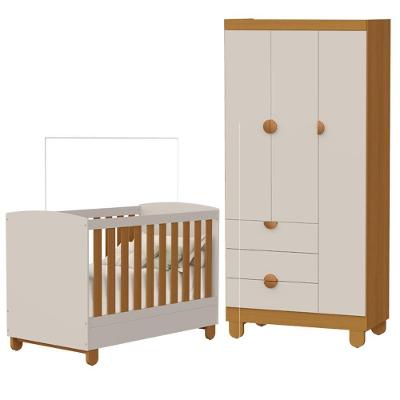 Berço e Guarda Roupa Infantil Apolo 3 Portas 3 Gavetas MDF Areia Fosco Savana Reller Móveis