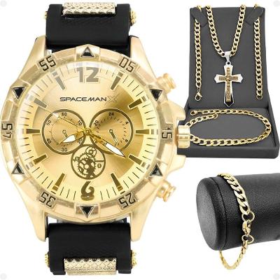 Kit Relogio Masculino Spaceman X Analogico Aco Inoxidavel Dourado Pai Nosso Orizom