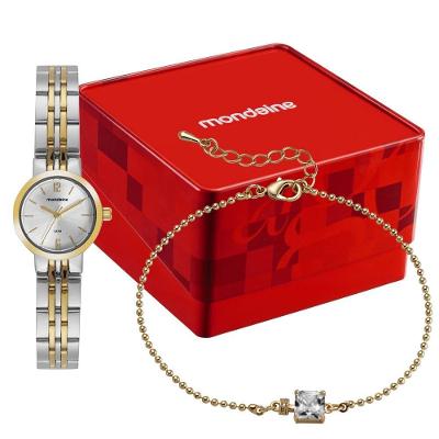 Relógio de Pulso Feminino Kit Analógico Aço Inox Prata e Dourado Mondaine