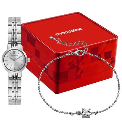 Relógio de Pulso Feminino Kit Analógico Aço Inox com Pulseira Mondaine