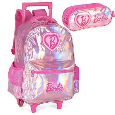 Kit Mochila Rodinhas Estojo Escolar Infantil Barbie Rosa Holográfica com Alça Luxcel