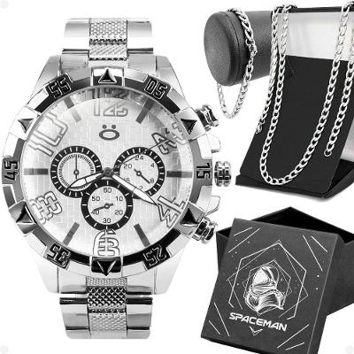 Relogio de Pulso Masculino Spaceman Analogico Aco Inox Prova Dagua Prata Kit Orizom