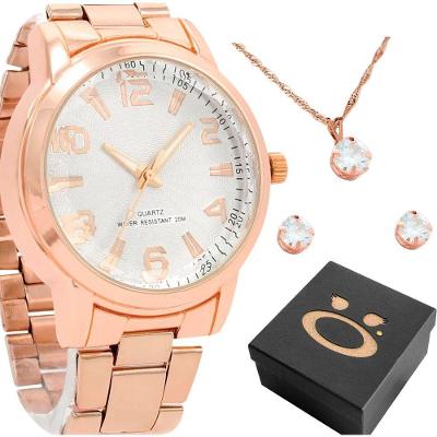 Relogio Feminino Maria Analogico Aco Inoxidavel Banhado Rose com Colar e Brincos Orizom