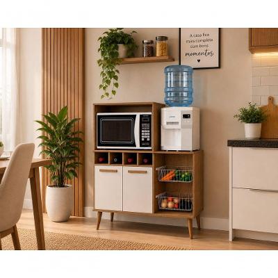 Armário Fruteira Núbia 2 Portas MDF-MDP 98CM Freijo-Offwhite para Micro-ondas Bebedouro Ravilar