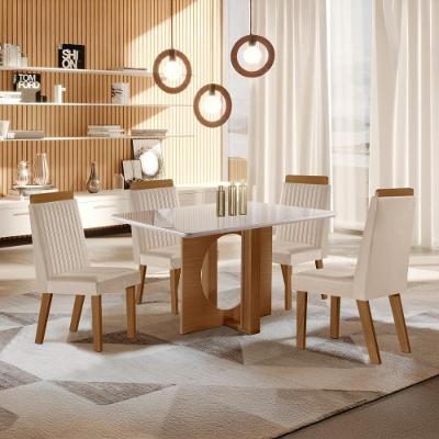 Conjunto Mesa de Jantar CRLJM-CON025 4 Lugares Vidro com Cadeiras Veludo Madeirado Off White 120CM