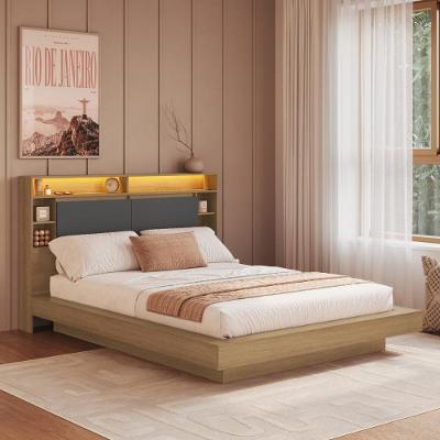 Cama de Casal Queen Suspensa com Led Nichos MDP Fosco Mel Grafite CRART-CAM004 Multimóveis