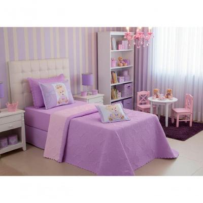 Kit Cobre Leito Infantil Princesa Ursa Solteiro 4 Peças Microfibra Matelassado Dupla Face Lilás