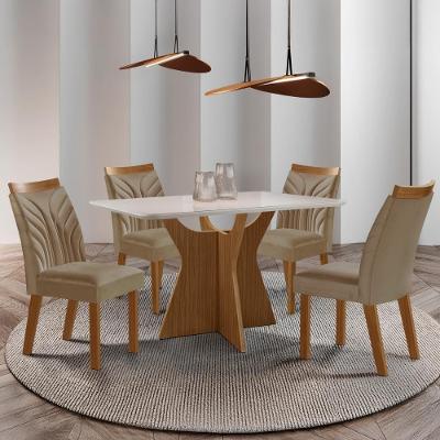 Conjunto Mesa de Jantar CRLJM-CON027 4 Lugares Vidro Cadeiras Veludo Madeirado Bege 120CM