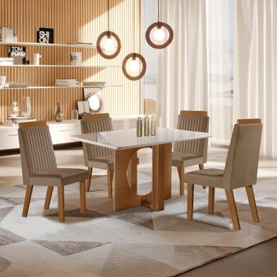 Conjunto Mesa de Jantar CRLJM-CON025 4 Lugares Vidro Cadeiras Veludo Madeirado Bege 120CM