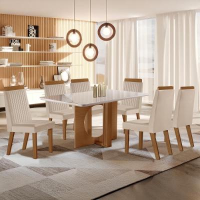 Conjunto Mesa de Jantar CRLJM-CON026 6 Lugares Vidro com Cadeiras Veludo Madeirado Off White 160CM