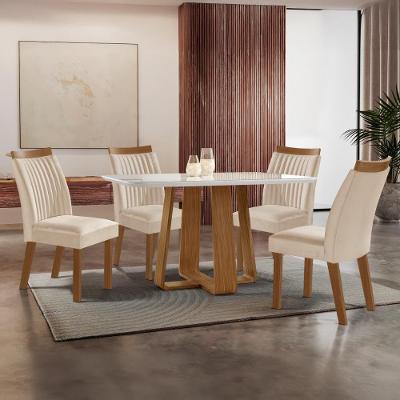 Conjunto Mesa de Jantar com Vidro e 4 Cadeiras 120CM Madeirado Off White Multimóveis