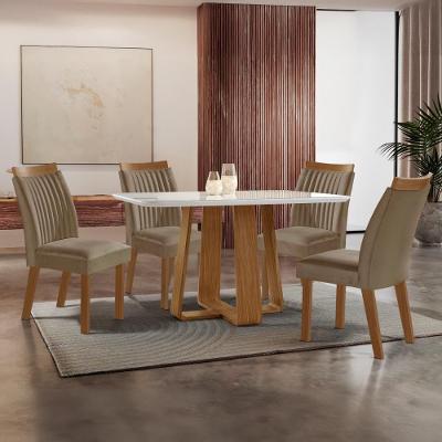 Conjunto Mesa de Jantar CRLJM-CON029 4 Lugares Vidro Cadeiras Veludo Madeirado-bege 120CM