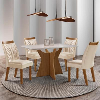 Conjunto Mesa de Jantar CRLJM-CON027 4 Lugares Vidro Cadeiras Veludo Madeirado Off White 120CM