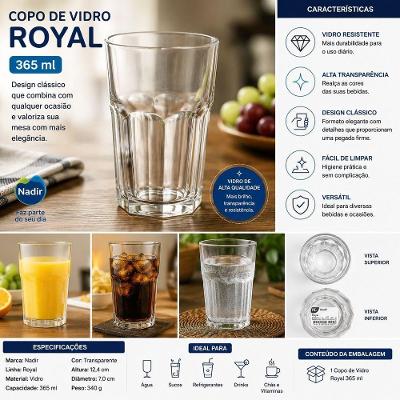 Copo de Vidro Royal para Agua Sucos Refrigerantes 365ML Transparente Nadir Figueiredo