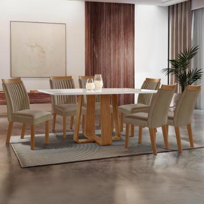 Conjunto Mesa de Jantar CRLJM-CON030 6 Lugares Tampo Vidro Cadeiras Veludo Marrom 160CM Multimóveis