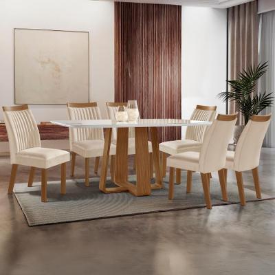 Conjunto Mesa de Jantar CRLJM-CON030 6 Lugares Vidro com Cadeiras Veludo Madeirado-off White 160CM