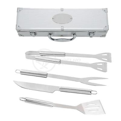 Kit Churrasco 4 Peças Espátula Faca Garfo Pegador Aço Inox com Maleta Alumínio Aquilae