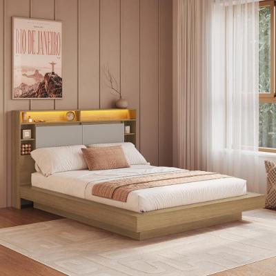 Cama de Casal Queen Suspensa com LED Nichos 2 Portas MDP Areia Bege Multimóveis