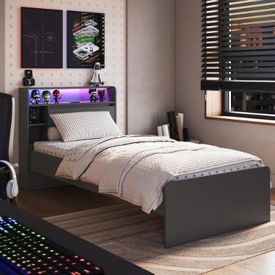 Cama de Solteiro Juvenil com Led e 1 Porta para Colchão 188x88cm Grafite Multimóveis