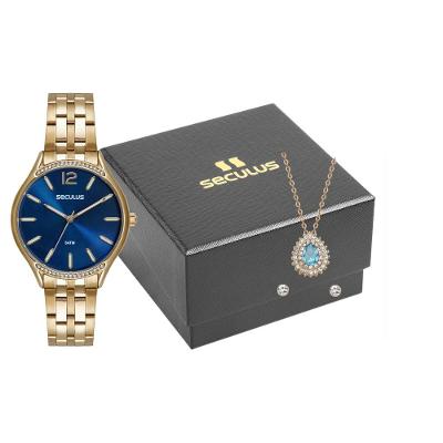 Kit Relógio Feminino Navy Analógico Aço Inox Dourado com Colar e Brincos