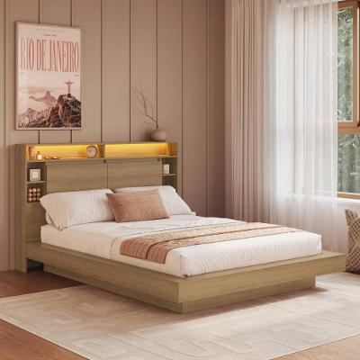 Cama de Casal Queen Suspensa com Led 2 Portas Nichos Mel CRART-CAM004 Multimóveis