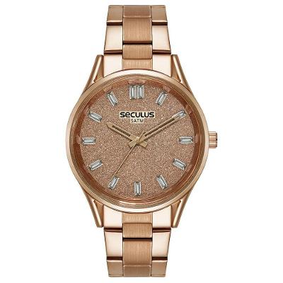 Relógio Feminino Glitter e Cristais Baguete Rosé Analógico Pulseira Aço Donna Karan