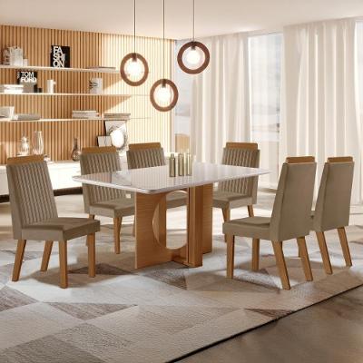 Conjunto Mesa de Jantar CRLJM-CON026 6 Lugares Vidro Cadeiras Veludo Madeirado Bege 160CM