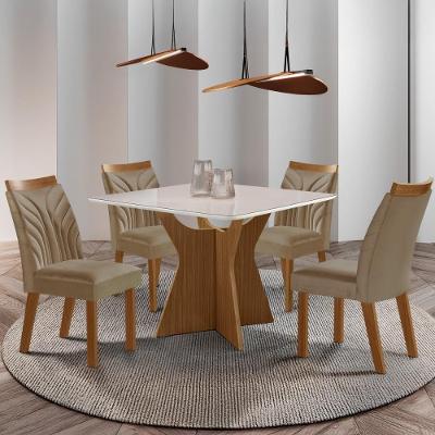 Conjunto Mesa de Jantar CRLJM-CON024 4 Lugares Vidro Cadeiras Veludo Madeirado-bege 90CM Multimóveis