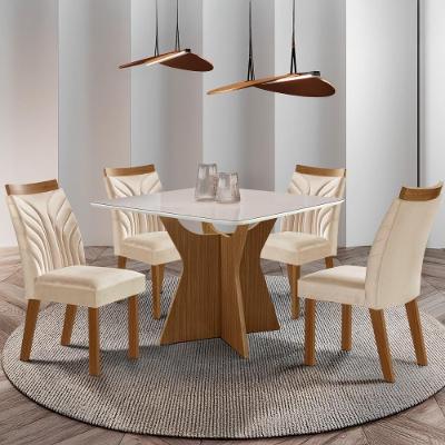 Conjunto Mesa de Jantar CRLJM-CON024 4 Lugares Tampo em Vidro com Cadeiras Veludo Madeirado Off