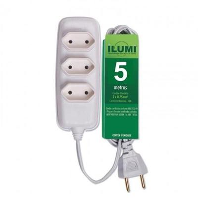 Extensão Tripolar 3 Tomadas com Cabo Paralelo 2x0,75mm 5 Metros Branco Ilumi Materiais Elétricos