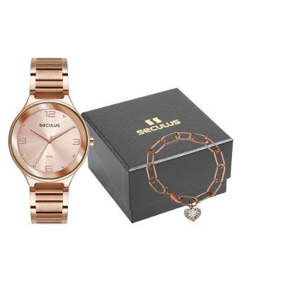 Kit Relógio Feminino Casual Cristais Rosé Analógico Aço Inox com Pulseira Coração Séculus