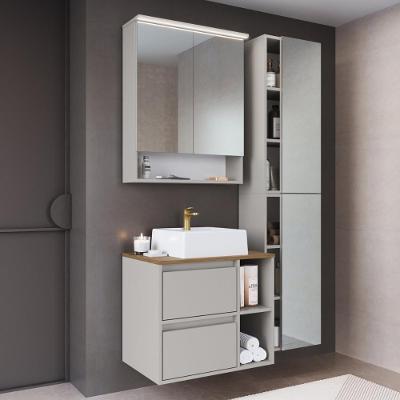 Conjunto Banheiro Gabinete com Cuba Espelheira Armários LED 5 Portas MDP 96CM Bege Multimóveis