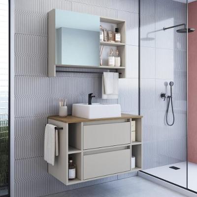 Conjunto Banheiro Gabinete com Cuba e Espelheira Toalheiro 80cm CRPRO-CON033 2 Portas MDP Mel