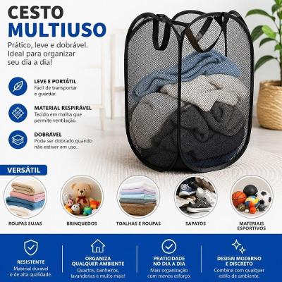 Cesta Organizadora Dobrável de Tecido Resistente Multiuso para Roupas e Brinquedos Preta Dark 30CM