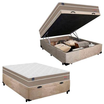 Cama Box com Baú Casal Lis Ortopillow Molas Ensacadas Suede Bege Plumatex Colchões