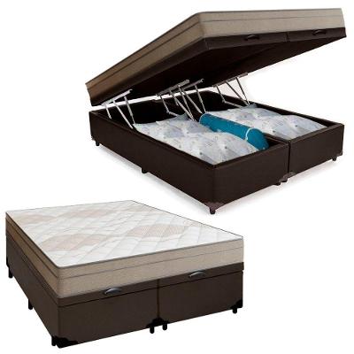 Cama Box Baú Casal Bipartido com Colchão Molas Ensacadas Sintético Madeira Marrom Portobel 138CM