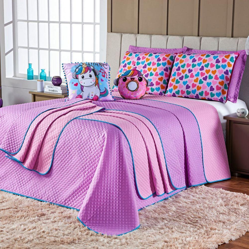 Kit Cobre Leito Donuts Unicórnio Dupla Face Com Almofadas Queen 07 Peças - 1