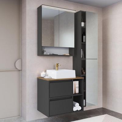 Conjunto Banheiro Gabinete com Cuba Espelheira Armários LED 5 Portas MDP 96CM Mel Grafite