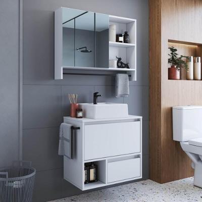 Conjunto Banheiro Gabinete com Cuba e Espelheira 2 Portas 1 Gaveta MDP 80CM Branco Multimóveis