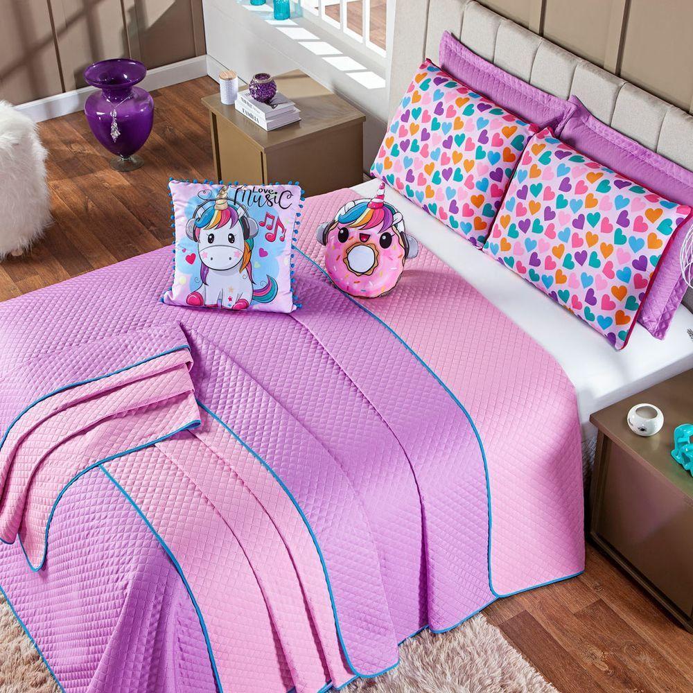 Kit Cobre Leito Donuts Unicórnio Dupla Face Com Almofadas Casal Padrão 07 Peças - 3