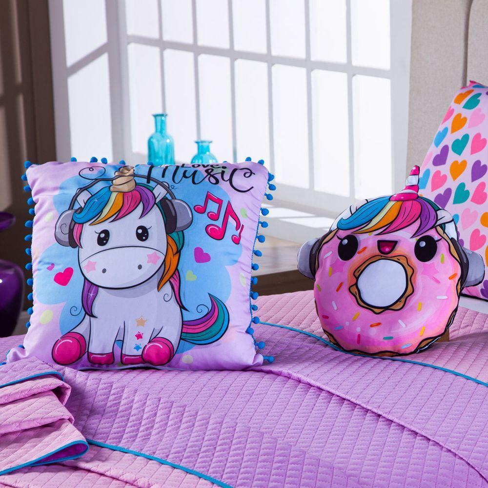 Kit Cobre Leito Donuts Unicórnio Dupla Face Com Almofadas Casal Padrão 07 Peças - 7