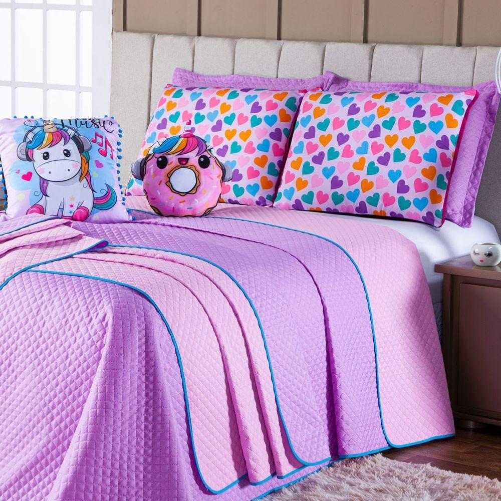 Kit Cobre Leito Donuts Unicórnio Dupla Face Com Almofadas Casal Padrão 07 Peças - 8