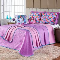 Kit Cobre Leito Donuts Unicórnio Dupla Face Com Almofadas Casal Padrão 07 Peças